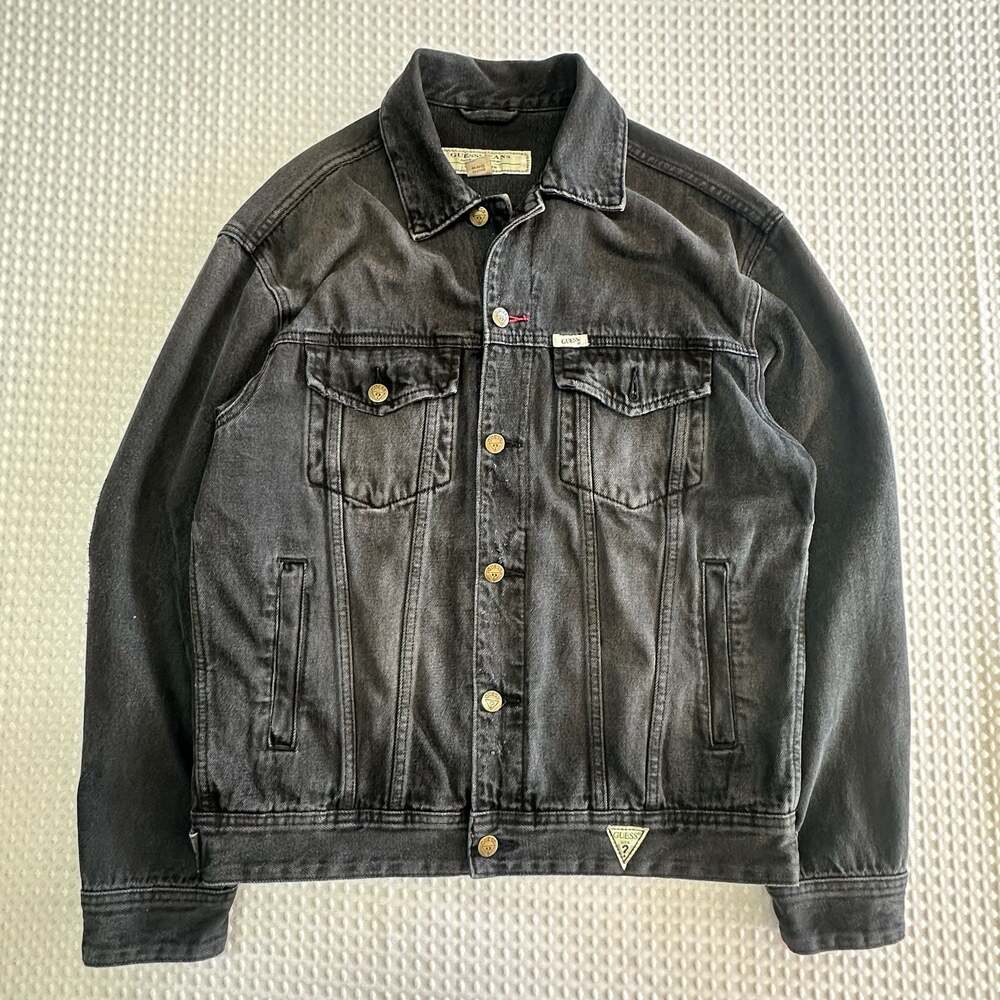Guess Jeans Vintage Style Black Denim Trucker Jacket with Back Logo Embroidery